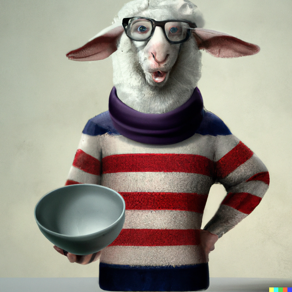 An American sheep holding an empty bowl in a demanding manner.