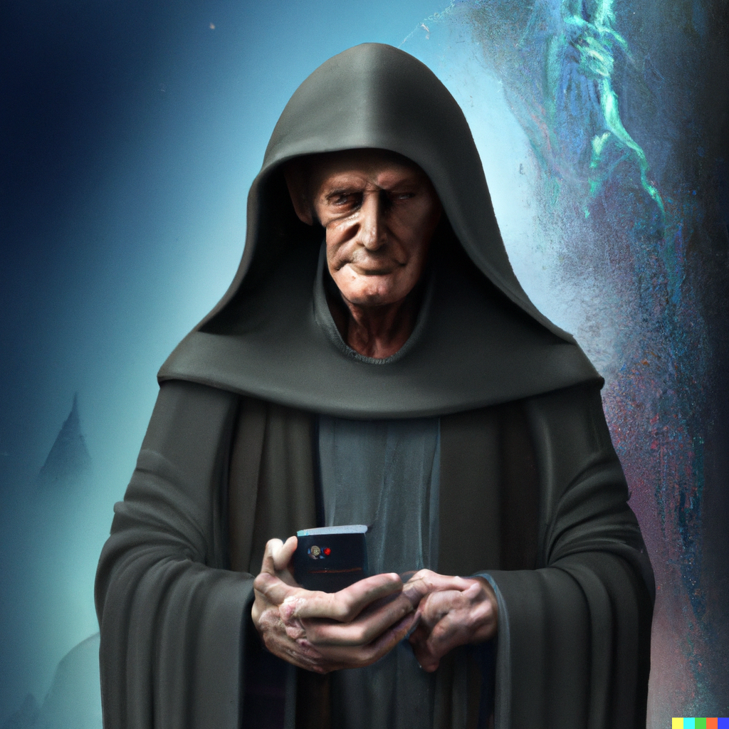 Emperor Palpatine holds a cell phone.