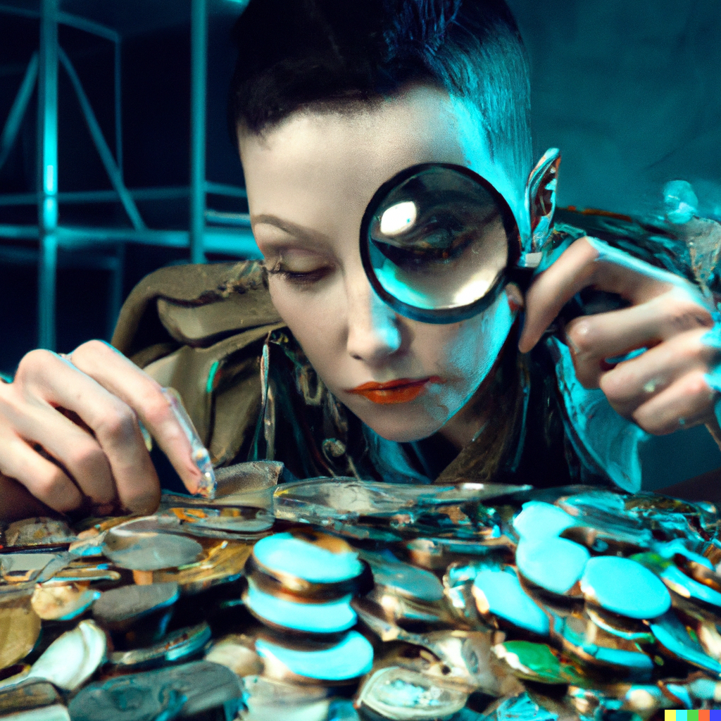 A woman examines coins with a magnifying glass.